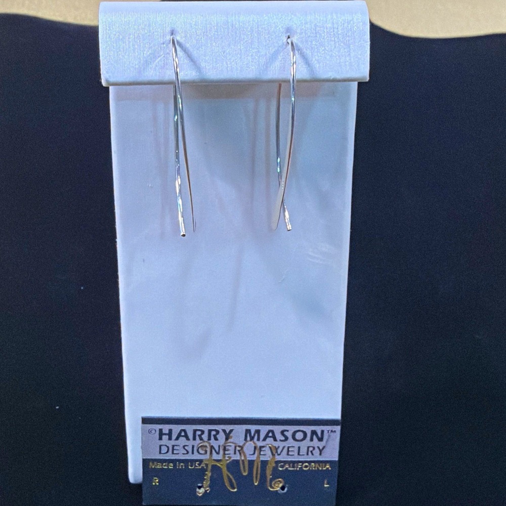 Harry Mason Signed Hook Earrings Silver Tone Metal Oval Hoop Dangle Lobe
